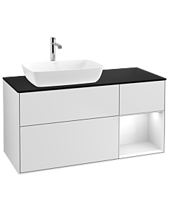 Villeroy und Boch Finion Waschtischunterschrank G812GFMT 120cm, Abdeckplatte black matt, Emotion, Regale Glossy white lacquer, White matt lacquer