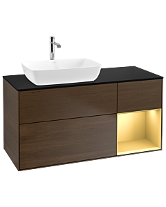 Villeroy und Boch Finion Waschtischunterschrank G812HFGN 120cm, Abdeckplatte black matt, Emotion, Regale Gold matt lacquer, Walnut veneer