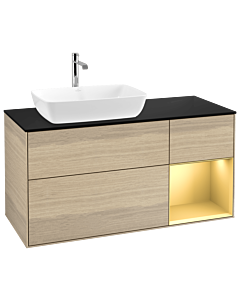 Villeroy und Boch Finion Waschtischunterschrank G812HFPC 120cm, Abdeckplatte black matt, Emotion, Regale Gold matt lacquer, Oak Veneer