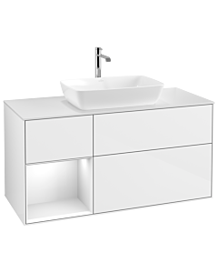 Villeroy und Boch Finion Villeroy und Boch G821GFGF 120cm, plaque de finition blanc mat, Emotion, étagères laqué blanc brillant, laqué blanc brillant