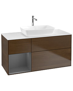 Villeroy und Boch Finion Waschtischunterschrank G821GKGN 120cm, Abdeckplatte white matt, Emotion, Regale Anthracite matt lacquer, Walnut veneer