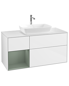 Villeroy und Boch Finion Villeroy und Boch G821GMGF 120cm, plaque de recouvrement blanc mat, Emotion, étagères laqué mat olive, laqué blanc brillant