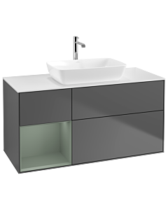 Villeroy und Boch Finion Waschtischunterschrank G821GMGK 120cm, Abdeckplatte white matt, Emotion, Regale Olive matt lacquer, Anthracite matt