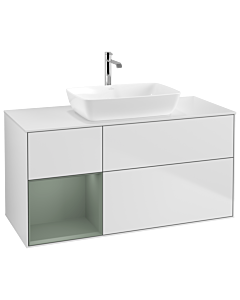 Villeroy und Boch Finion Waschtischunterschrank G821GMMT 120cm, Abdeckplatte white matt, Emotion, Regale Olive matt lacquer, White matt lacquer