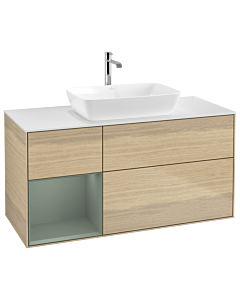 Villeroy und Boch Finion Waschtischunterschrank G821GMPC 120cm, Abdeckplatte white matt, Emotion, Regale Olive matt lacquer, Oak Veneer