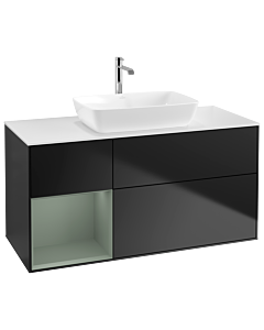 Villeroy und Boch Finion Villeroy und Boch G821GMPD 120cm, plaque de recouvrement blanc mat, Emotion, étagères laqué mat olive, laqué mat noir