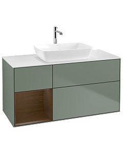 Villeroy und Boch Finion Waschtischunterschrank G821GNGM 120cm, Abdeckplatte white matt, Emotion, Regale Walnut Veneer, Olive Matt Lacquer