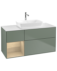 Villeroy und Boch Finion Waschtischunterschrank G821PCGM 120cm, Abdeckplatte white matt, Emotion, Regale Oak Veneer, Olive Matt Lacquer