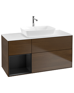 Villeroy und Boch Finion Waschtischunterschrank G821PDGN 120cm, Abdeckplatte white matt, Emotion, Regale Black matt lacquer, Walnut veneer