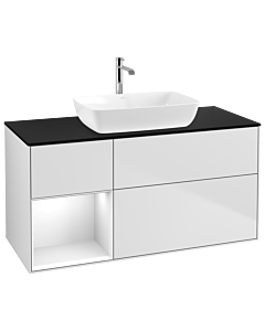 Villeroy und Boch Finion Waschtischunterschrank G822GFMT 120cm, Abdeckplatte black matt, Emotion, Regale Glossy white lacquer, White matt lacquer