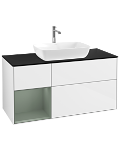 Villeroy und Boch Finion Villeroy und Boch G822GMGF 120cm, plaque de finition noir mat, Emotion, étagères laqué olive mat, laqué blanc brillant