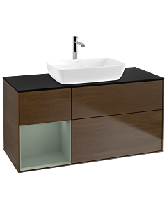 Villeroy und Boch Finion Waschtischunterschrank G822GMGN 120cm, Abdeckplatte black matt, Emotion, Regale Olive matt lacquer, Walnut veneer