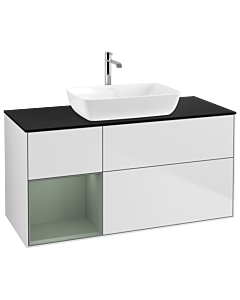 Villeroy und Boch Finion Waschtischunterschrank G822GMMT 120cm, Abdeckplatte black matt, Emotion, Regale Olive matt lacquer, White matt lacquer