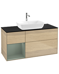 Villeroy und Boch Finion Waschtischunterschrank G822GMPC 120cm, Abdeckplatte black matt, Emotion, Regale Olive matt lacquer, Oak Veneer
