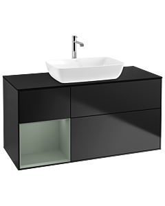Villeroy und Boch Finion Waschtischunterschrank G822GMPD 120cm, Abdeckplatte black matt, Emotion, Regale Olive matt lacquer, Black matt lacquer