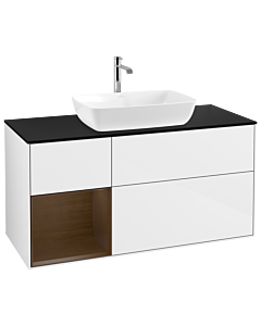 Villeroy und Boch Finion Waschtischunterschrank G822GNGF 120cm, Abdeckplatte black matt, Emotion, Regale Walnut Veneer, Glossy white lacquer