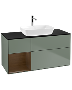 Villeroy und Boch Finion Waschtischunterschrank G822GNGM 120cm, Abdeckplatte black matt, Emotion, Regale Walnut Veneer, Olive Matt Lacquer