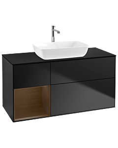 Villeroy und Boch Finion Waschtischunterschrank G822GNPD 120cm, Abdeckplatte black matt, Emotion, Regale Walnut Veneer, Black matt lacquer