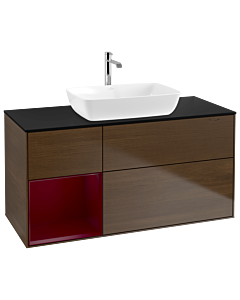Villeroy und Boch Finion Waschtischunterschrank G822HBGN 120cm, Abdeckplatte black matt, Emotion, Regale Peony matt lacquer, Walnut veneer