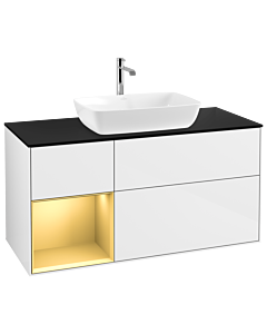 Villeroy und Boch Finion Waschtischunterschrank G822HFGF 120cm, Abdeckplatte black matt, Emotion, Regale Gold matt lacquer, Glossy white lacquer
