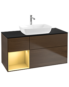 Villeroy und Boch Finion Waschtischunterschrank G822HFGN 120cm, Abdeckplatte black matt, Emotion, Regale Gold matt lacquer, Walnut veneer