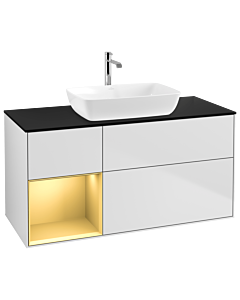 Villeroy und Boch Finion Villeroy und Boch G822HFMT 120cm, plaque de finition noir mat, Emotion, étagères laqué or mat, laqué blanc mat