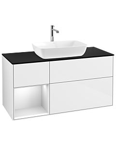 Villeroy und Boch Finion Waschtischunterschrank G822MTGF 120cm, Abdeckplatte black matt, Emotion, Regale White matt lacquer, Glossy white lacquer