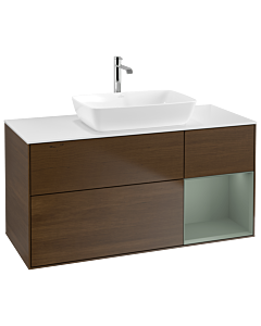 Villeroy und Boch Finion Waschtischunterschrank G831GMGN 120cm, Abdeckplatte white matt, Emotion, Regale Olive matt lacquer, Walnut veneer