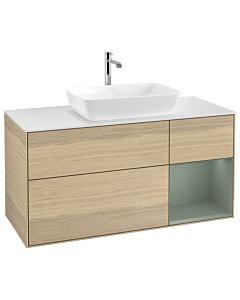 Villeroy und Boch Finion Waschtischunterschrank G831GMPC 120cm, Abdeckplatte white matt, Emotion, Regale Olive matt lacquer, Oak Veneer