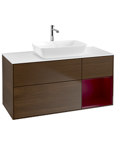 Villeroy und Boch Finion Waschtischunterschrank G831HBGN 120cm, Abdeckplatte white matt, Emotion, Regale Peony matt lacquer, Walnut veneer