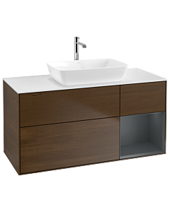 Villeroy und Boch Finion Waschtischunterschrank G831HGGN 120cm, Abdeckplatte white matt, Emotion, Regale Midnight matt lacquer, Walnut veneer