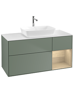 Villeroy und Boch Finion Waschtischunterschrank G831PCGM 120cm, Abdeckplatte white matt, Emotion, Regale Oak Veneer, Olive Matt Lacquer