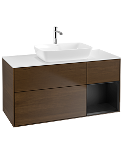 Villeroy und Boch Finion Waschtischunterschrank G831PDGN 120cm, Abdeckplatte white matt, Emotion, Regale Black matt lacquer, Walnut veneer