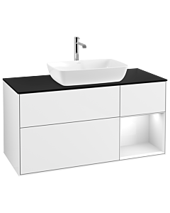 Villeroy und Boch Finion Villeroy und Boch G832GFGF 120cm, plaque de finition noire mate, Emotion, étagères laqué blanc brillant, laqué blanc brillant