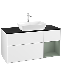 Villeroy und Boch Finion Villeroy und Boch G832GMGF 120cm, plaque de finition noir mat, Emotion, étagères laqué mat olive, laqué blanc brillant