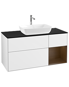 Villeroy und Boch Finion Waschtischunterschrank G832GNGF 120cm, Abdeckplatte black matt, Emotion, Regale Walnut Veneer, Glossy white lacquer