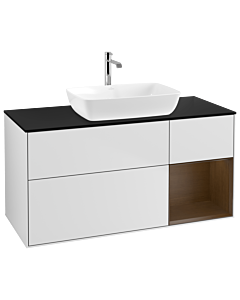 Villeroy und Boch Finion Waschtischunterschrank G832GNMT 120cm, Abdeckplatte black matt, Emotion, Regale Walnut Veneer, White matt lacquer