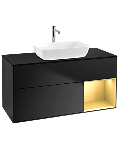 Villeroy und Boch Finion Villeroy und Boch G832HFPD 120cm, plaque de finition noir mat, Emotion, étagères laqué or mat, laqué noir mat