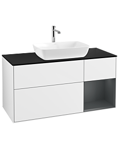 Villeroy und Boch Finion Waschtischunterschrank G832HGGF 120cm, Abdeckplatte black matt, Emotion, Regale Midnight matt lacquer, Glossy white lacquer
