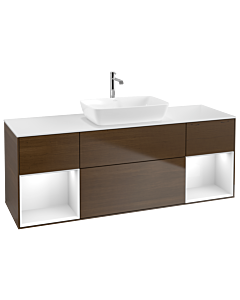 Villeroy und Boch Finion Waschtischunterschrank G861GFGN 160cm, Abdeckplatte white matt, Emotion, Regale Glossy white lacquer, Walnut veneer