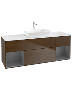 Villeroy und Boch Finion Waschtischunterschrank G861GKGN 160cm, Abdeckplatte white matt, Emotion, Regale Anthracite matt lacquer, Walnut veneer