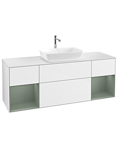 Villeroy und Boch Finion Waschtischunterschrank G861GMGF 160cm, Abdeckplatte white matt, Emotion, Regale Olive matt lacquer, Glossy white lacquer