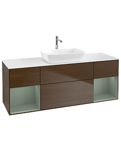 Villeroy und Boch Finion Waschtischunterschrank G861GMGN 160cm, Abdeckplatte white matt, Emotion, Regale Olive matt lacquer, Walnut veneer