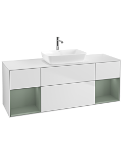 Villeroy und Boch Finion Waschtischunterschrank G861GMMT 160cm, Abdeckplatte white matt, Emotion, Regale Olive matt lacquer, White matt lacquer