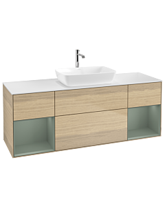 Villeroy und Boch Finion Waschtischunterschrank G861GMPC 160cm, Abdeckplatte white matt, Emotion, Regale Olive matt lacquer, Oak Veneer