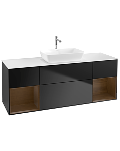 Villeroy und Boch Finion Waschtischunterschrank G861GNPD 160cm, Abdeckplatte white matt, Emotion, Regale Walnut Veneer, Black matt lacquer