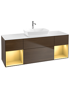 Villeroy und Boch Finion Waschtischunterschrank G861HFGN 160cm, Abdeckplatte white matt, Emotion, Regale Gold matt lacquer, Walnut veneer