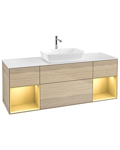Villeroy und Boch Finion Waschtischunterschrank G861HFPC 160cm, Abdeckplatte white matt, Emotion, Regale Gold matt lacquer, Oak Veneer