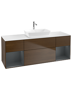 Villeroy und Boch Finion Waschtischunterschrank G861HGGN 160cm, Abdeckplatte white matt, Emotion, Regale Midnight matt lacquer, Walnut veneer