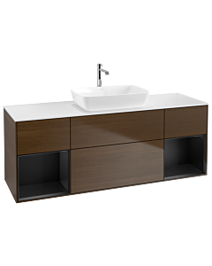 Villeroy und Boch Finion Waschtischunterschrank G861PDGN 160cm, Abdeckplatte white matt, Emotion, Regale Black matt lacquer, Walnut veneer